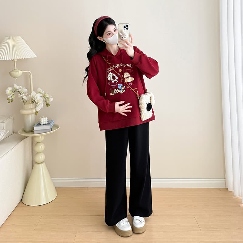 지금 화물 실사 2026 가을 겨울 신제품 임산부 패션 트렌디 엄마 후드티 무거운 작업 자수 루즈핏 긴 바지 임산부 세트 이미지 4