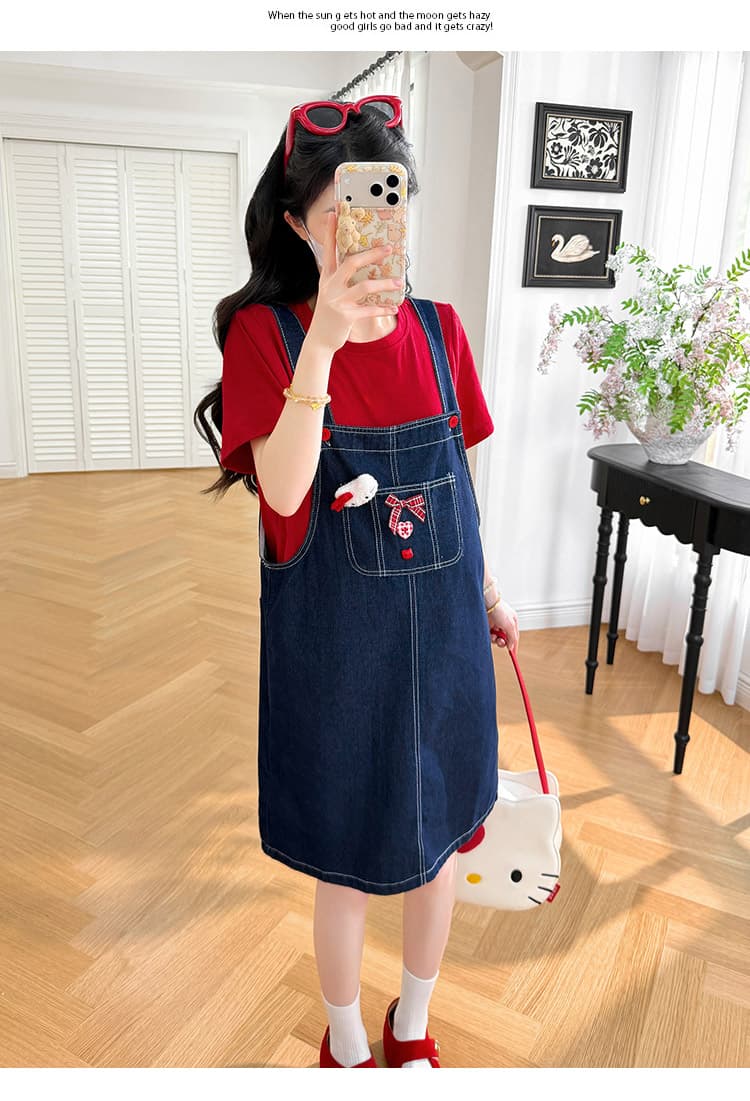 재고 있음 실사 2026 새로운 여름 임산부 패션 루즈핏 캐주얼 멜빵 스커트 면 t 출산 착용 세트 상세 이미지 18