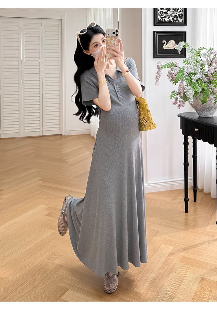 재고 있음 실사 2026 여름 신제품 임산부 폴로 칼라 캐주얼 슬림해 보이는 미니멀리즘 임산부 반팔 드레스 롱 스커트 상세 이미지 10