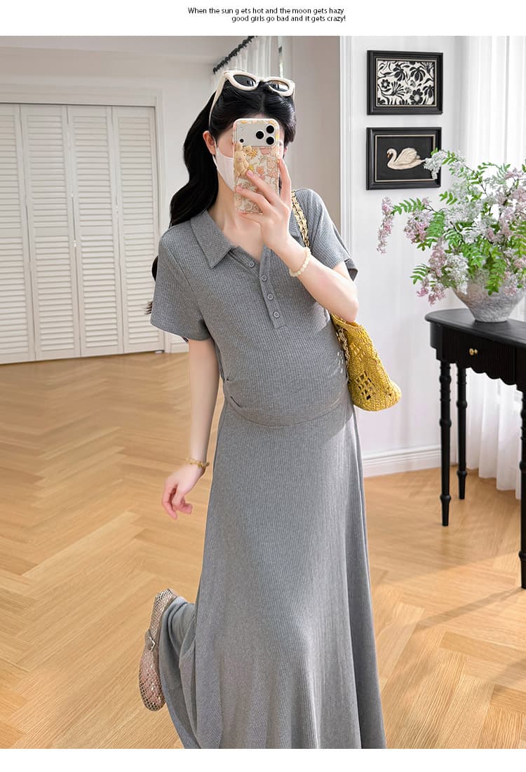 재고 있음 실사 2026 여름 신제품 임산부 폴로 칼라 캐주얼 슬림해 보이는 미니멀리즘 임산부 반팔 드레스 롱 스커트 상세 이미지 17