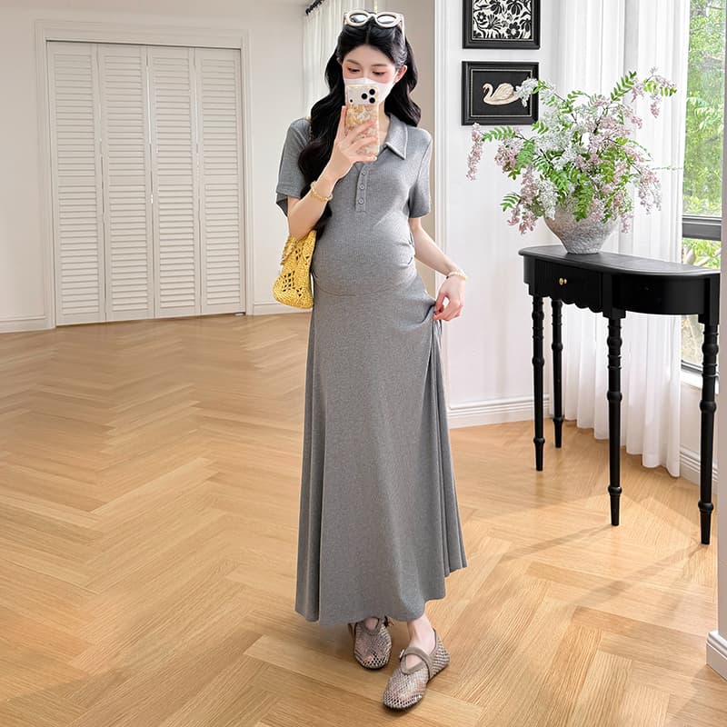 재고 있음 실사 2026 여름 신제품 임산부 폴로 칼라 캐주얼 슬림해 보이는 미니멀리즘 임산부 반팔 드레스 롱 스커트 이미지 3