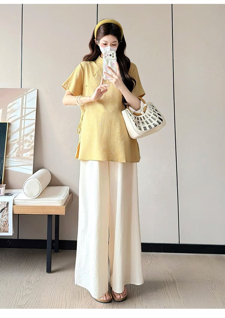 재고 있음 실사 2026 여름 신제품 임산부 다용도 스탠드 칼라 반팔 루즈핏 와이드 레그 팬츠 임산부 투피스 슈트 상세 이미지 15