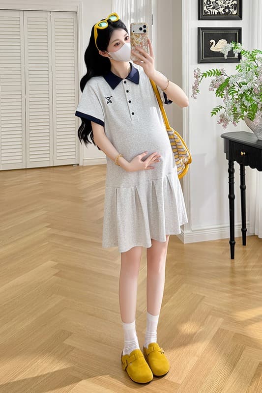 실사 2026 여름 신제품 임산부 작은 청신 배색 반팔 임산부 드레스 루즈핏 슬림해 보이는 polo 치마 이미지 7