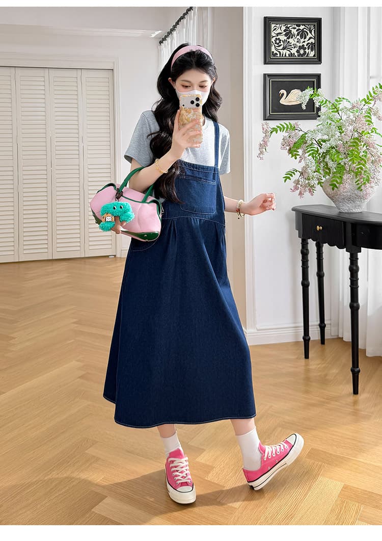 재고 있음 재고 있음 재고 있음 실사 2026 새로운 여름 데님 멜빵 스커트 티셔츠 임산부 치마 세트 상세 이미지 15
