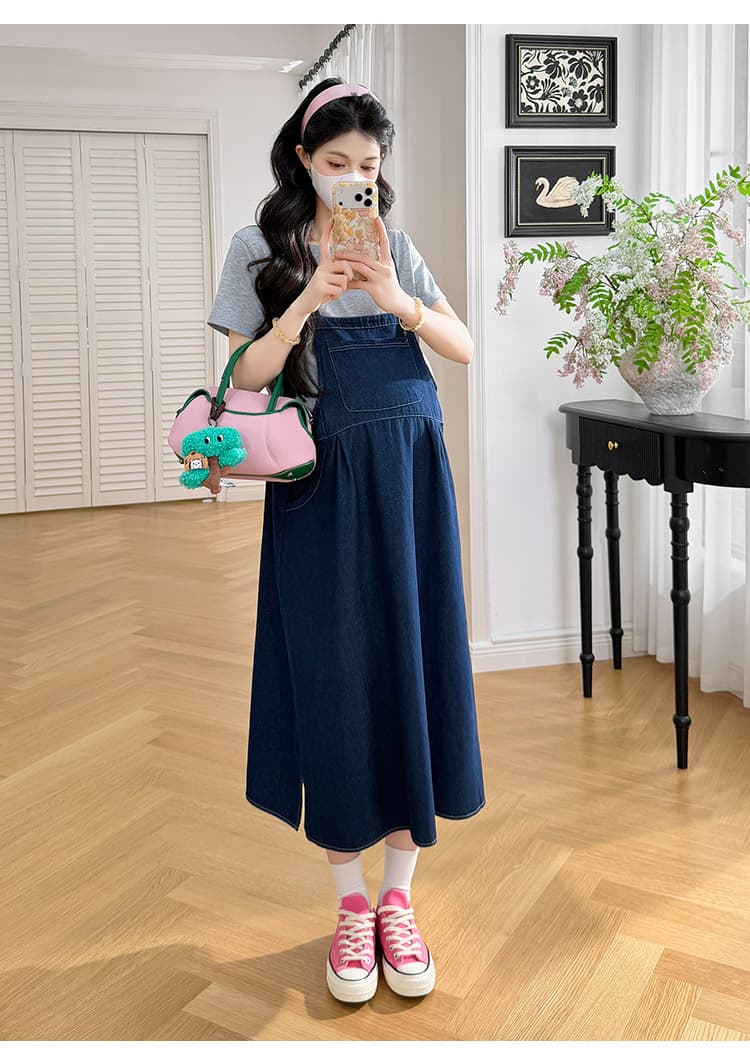 재고 있음 재고 있음 재고 있음 실사 2026 새로운 여름 데님 멜빵 스커트 티셔츠 임산부 치마 세트 상세 이미지 16