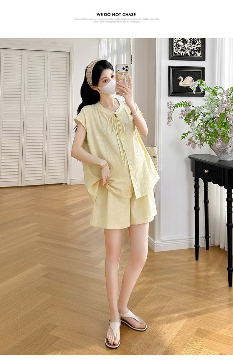 실사 2026 임산부 여름 캐주얼 Feifei 소매 라운드 넥 스트랩 셔츠 조정 밴딩 반바지 임산부 세트 상세 이미지 14