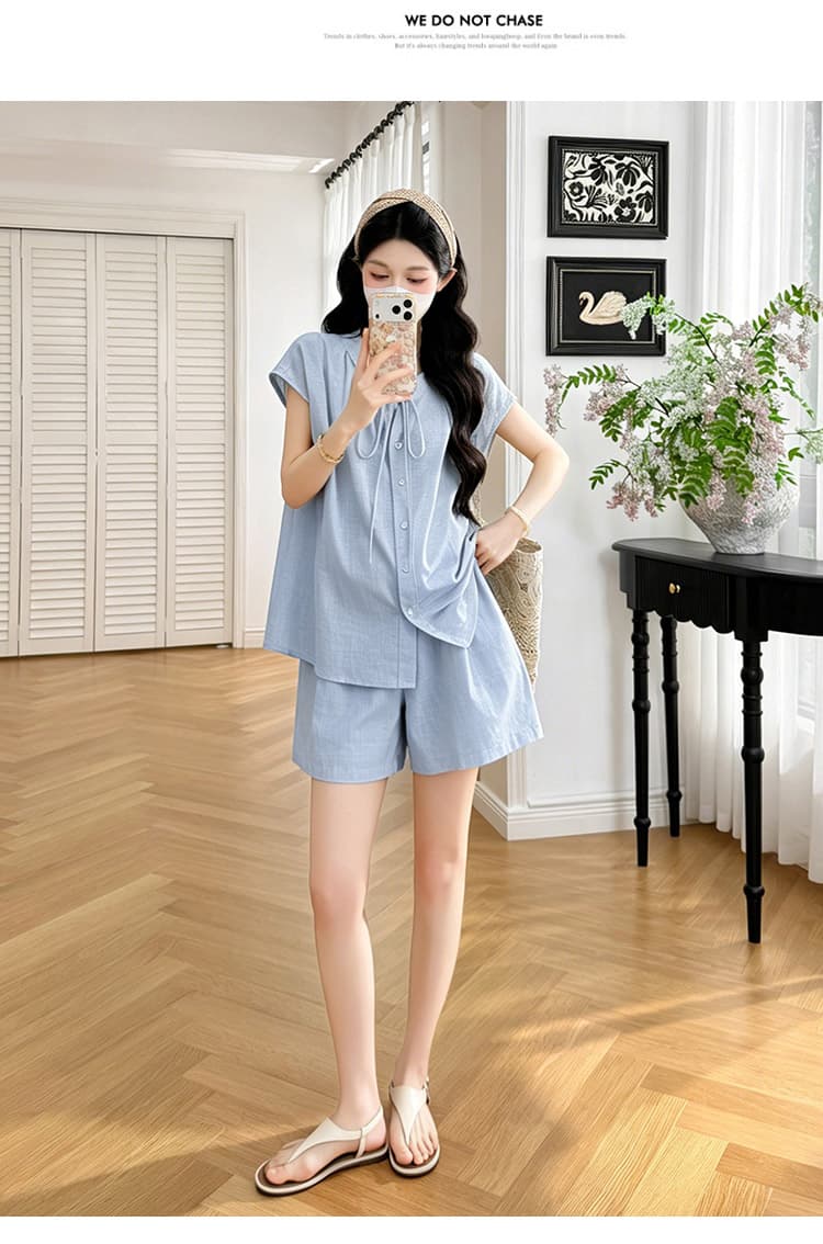 실사 2026 임산부 여름 캐주얼 Feifei 소매 라운드 넥 스트랩 셔츠 조정 밴딩 반바지 임산부 세트 상세 이미지 21