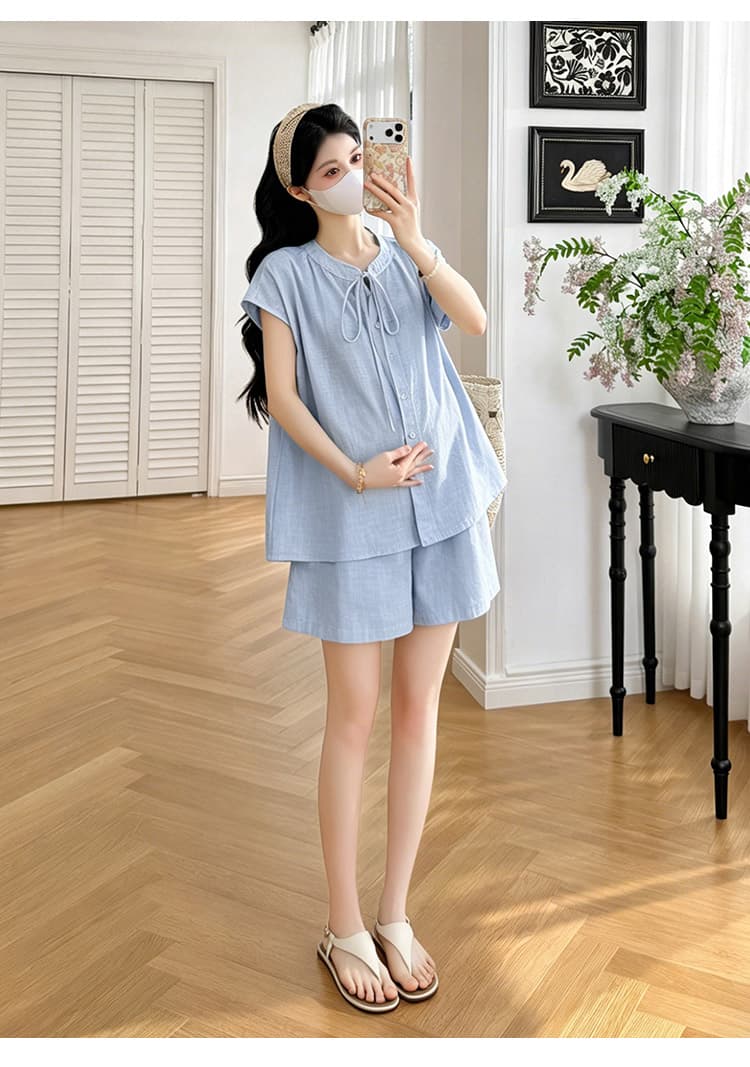 실사 2026 임산부 여름 캐주얼 Feifei 소매 라운드 넥 스트랩 셔츠 조정 밴딩 반바지 임산부 세트 상세 이미지 23