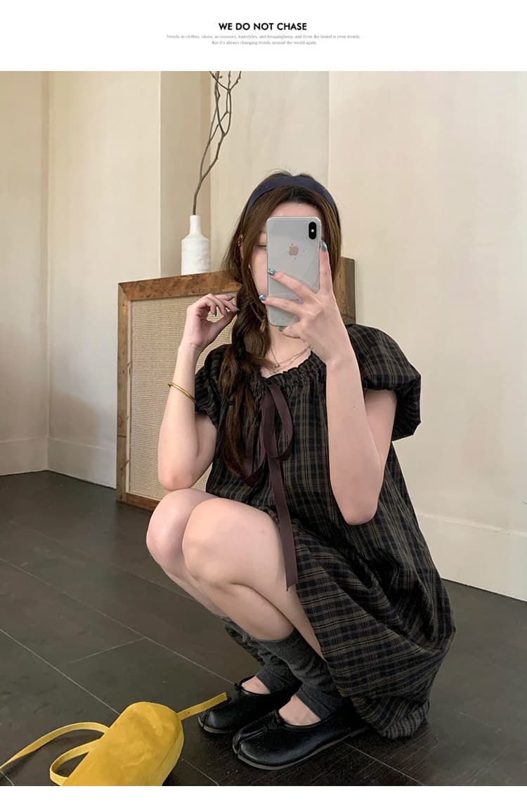 출산 착용 2026 여름 새로운 체크무늬 달콤함 거품 소매 꽃밭 치마 임산부 작은 키 반팔 여성 드레스 상세 이미지 9