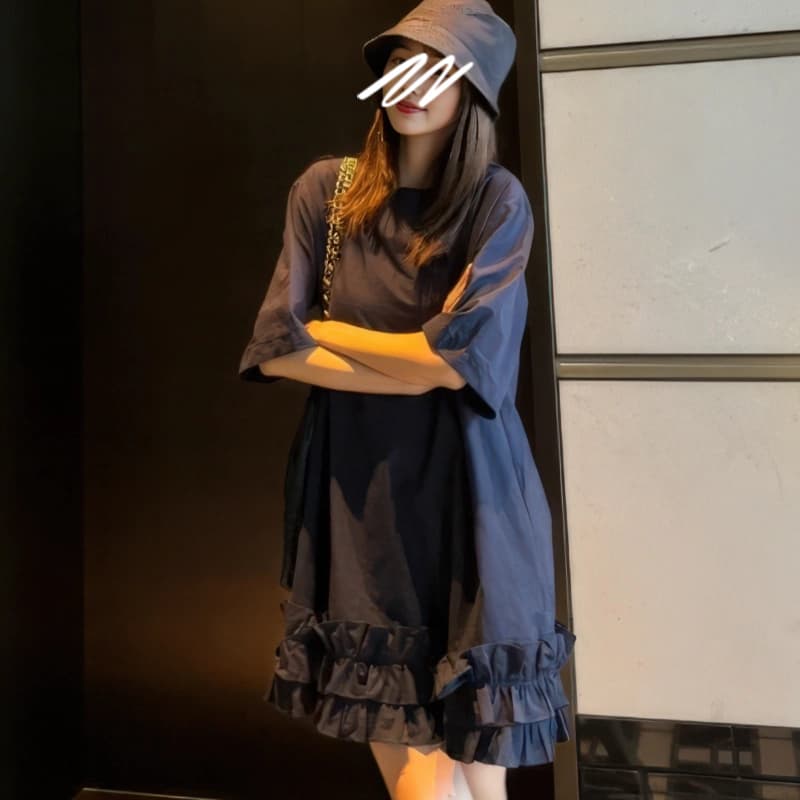 출산 착용 2026 여름 신제품 달콤함 프릴 패치워크 A라인 스커트 품격 연령 감소 반팔 임산부 드레스 이미지 3