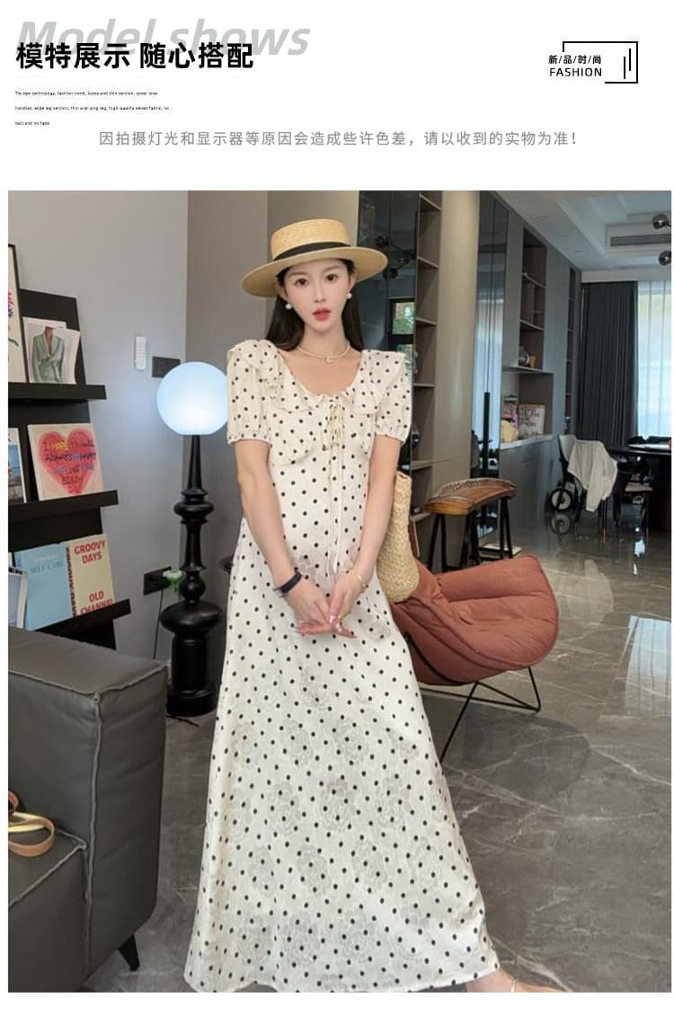 임산부 선물 화물 2026 여름 드레스 신제품 트렌디 레이스업 거품 소매 슬림해 보이는 큰 진자 레트로 도트 무늬 임산부 드레스 상세 이미지 6