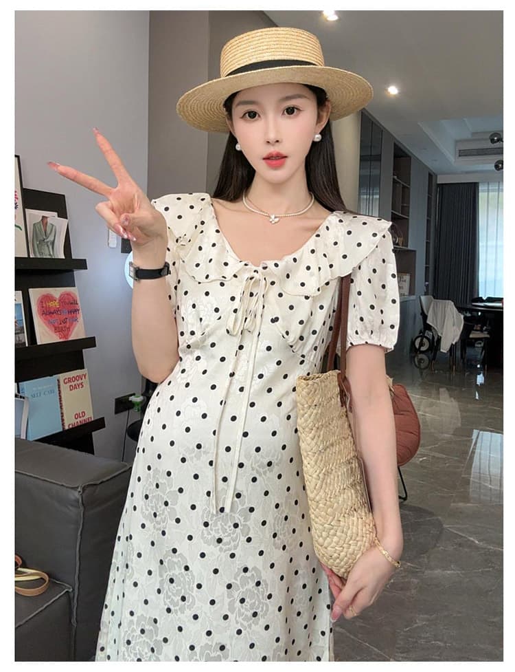 임산부 선물 화물 2026 여름 드레스 신제품 트렌디 레이스업 거품 소매 슬림해 보이는 큰 진자 레트로 도트 무늬 임산부 드레스 상세 이미지 8