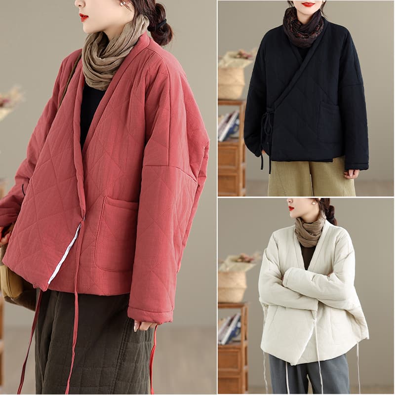 실사 면 린넨 솜을 넣은 여성 코트 겨울 새로운 오리지널 젠 여성 의류 국풍 비스듬한 襟 끈 면 의류 외출용
