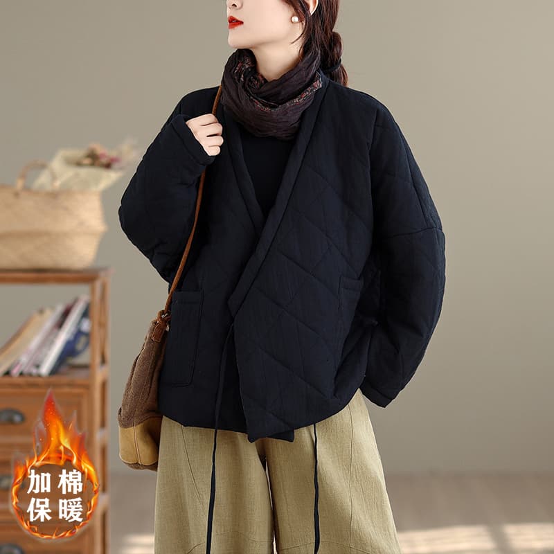 실사 면 린넨 솜을 넣은 여성 코트 겨울 새로운 오리지널 젠 여성 의류 국풍 비스듬한 襟 끈 면 의류 외출용 이미지 2