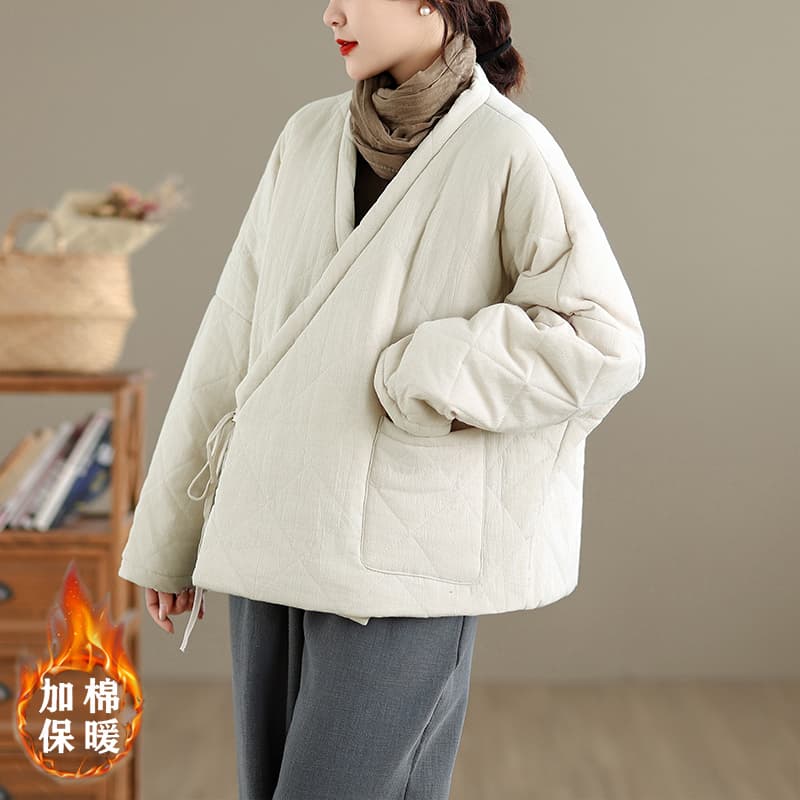 실사 면 린넨 솜을 넣은 여성 코트 겨울 새로운 오리지널 젠 여성 의류 국풍 비스듬한 襟 끈 면 의류 외출용 이미지 4