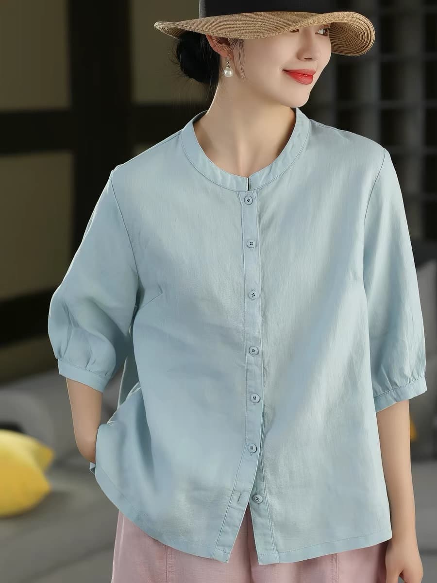 여성 셔츠 여름 작은 스탠드 칼라 싱글 줄 버튼 중간 소매 셔츠 단색 맨위
