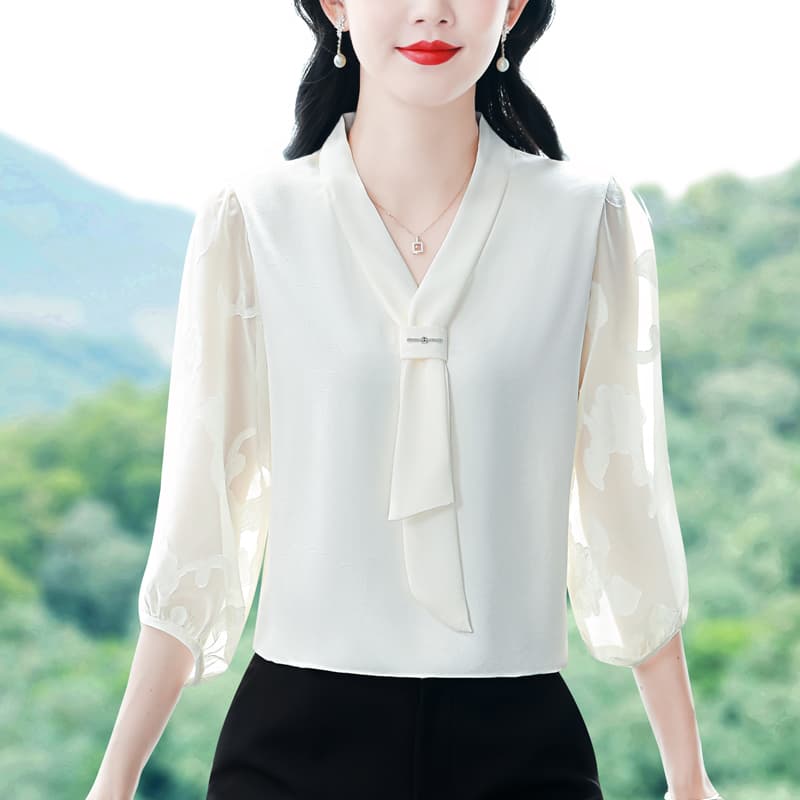 실사 2026 여름 한국 스타일 루즈핏 나비 매듭 7부 소매 쉬폰 셔츠 여성 셔츠 품격 ol 이미지 4