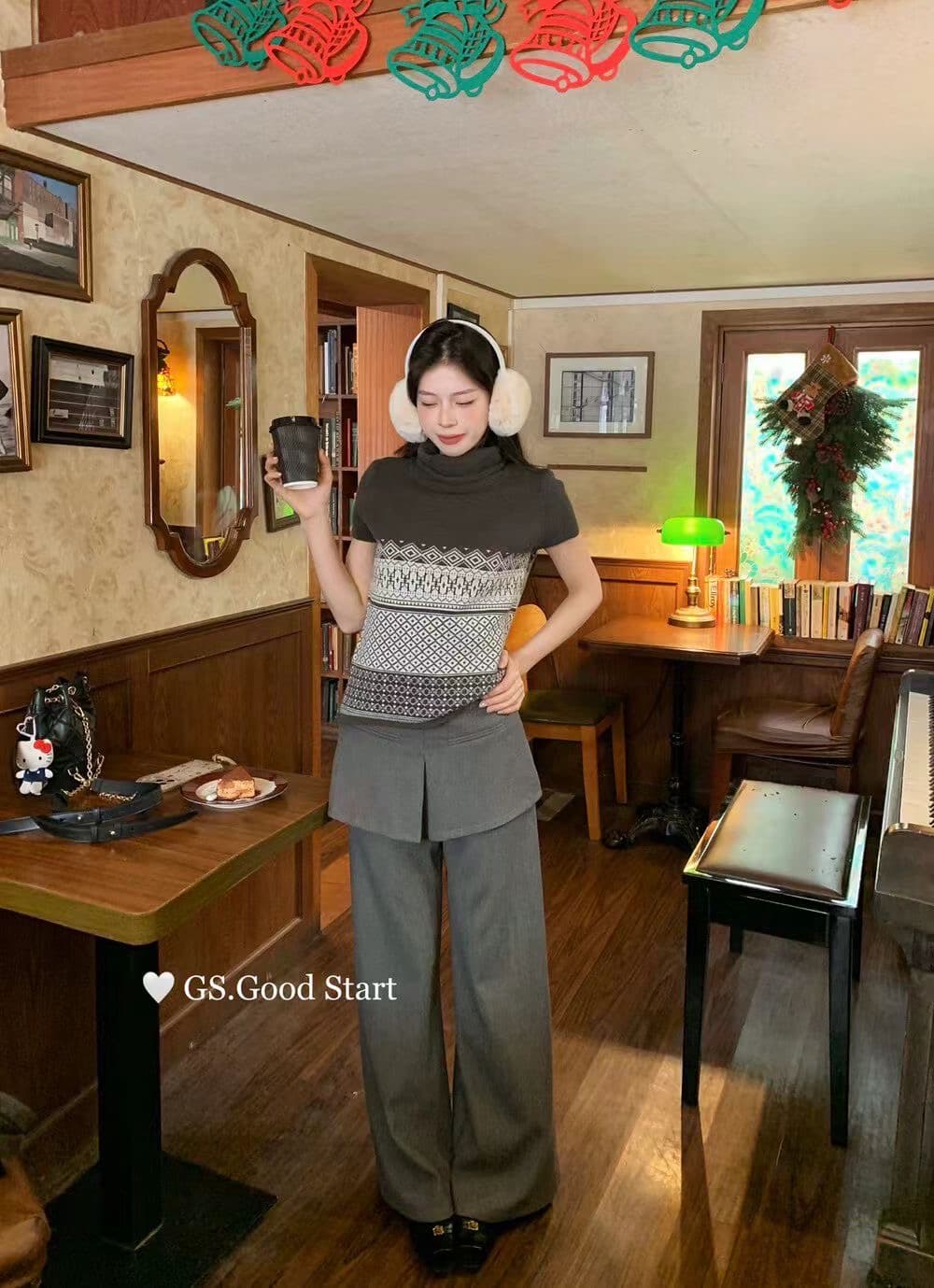 공정한 섬 레트로 자카드 터틀넥 스웨터 여자 이른 봄 새로운 고급 센스 품격 반팔 니트 티셔츠 맨위 트렌디 상세 이미지 3