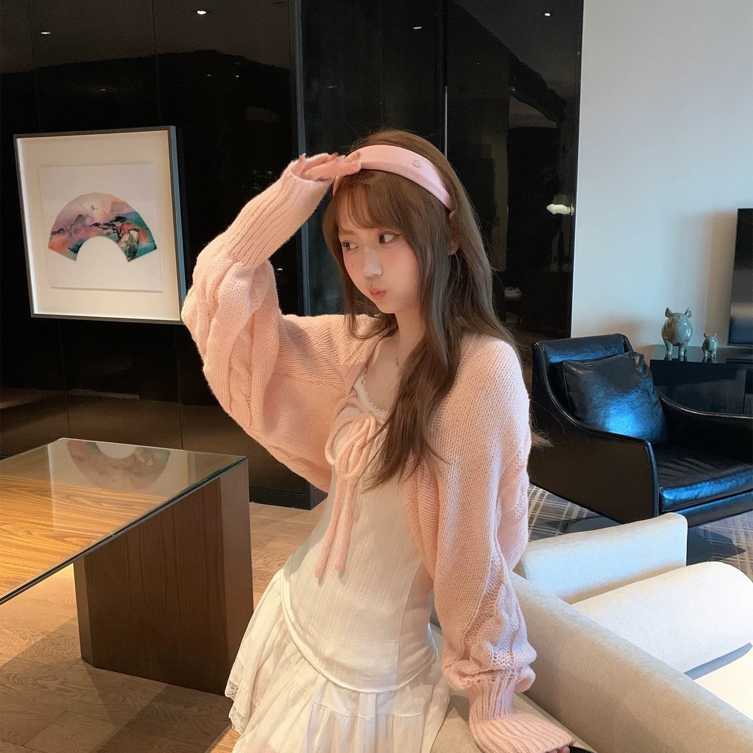 구멍 사실 귀 찮 나 장 원 영어 같은 단락 핑크색 니트 오픈 가디건 여성 부드러운 달콤함 이른 봄 다용도 외부 잡아라. 의류 이미지 5