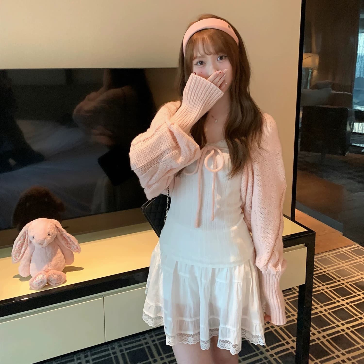구멍 사실 귀 찮 나 장 원 영어 같은 단락 핑크색 니트 오픈 가디건 여성 부드러운 달콤함 이른 봄 다용도 외부 잡아라. 의류 상세 이미지 3