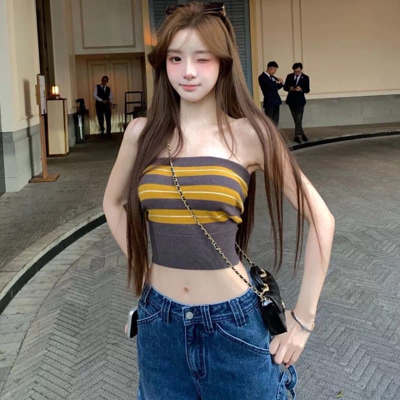 xuan 법사 법사 작은 벌 jennie 장 원 영어 같은 단락 패션 클래식 스트라이프 튜브탑 새로운 맨위 상세 이미지 1