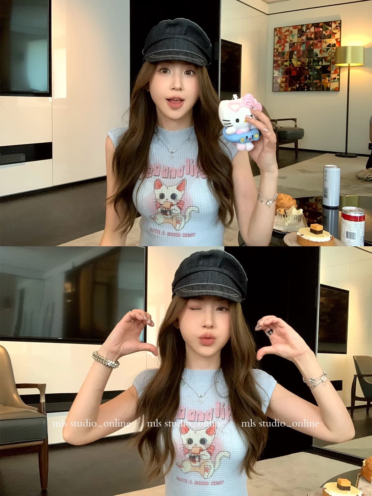 mls 야옹 스타 사람들 질감 후아 남편 그리드 2026 봄 여름 새로운 맨위 여성 긍정적 인 어깨 고양이 만화 프린트 짧은 티셔츠 상세 이미지 3