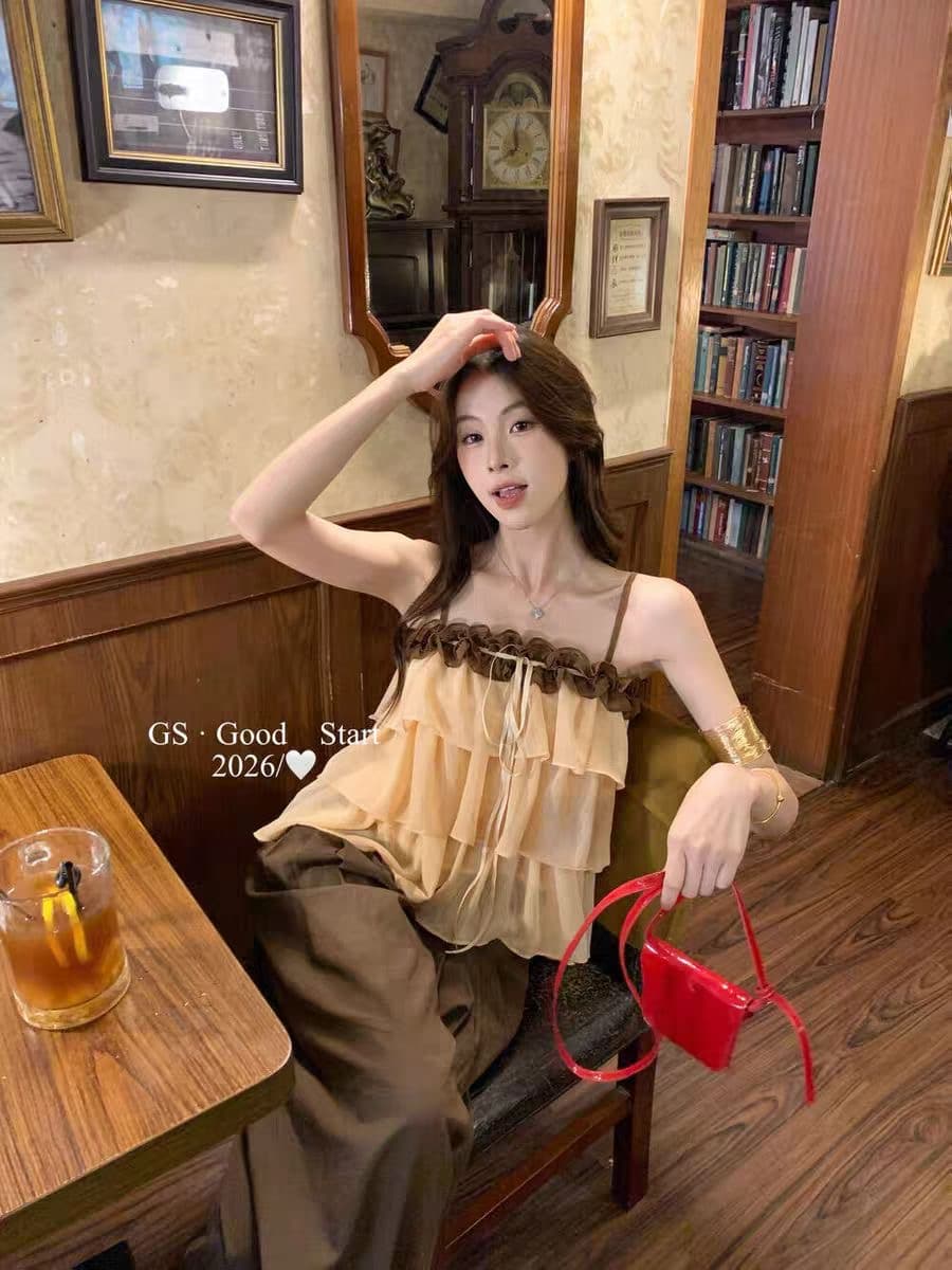 한 부서 달콤함 분위기 센스 배색 다중 레이어 프릴 슬립 인형 셔츠 조끼 맨위