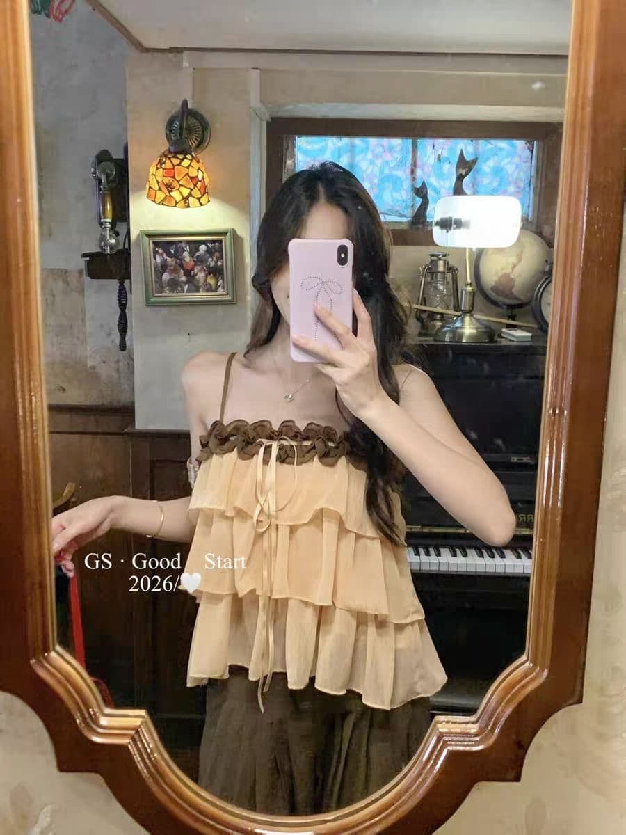 한 부서 달콤함 분위기 센스 배색 다중 레이어 프릴 슬립 인형 셔츠 조끼 맨위 상세 이미지 3
