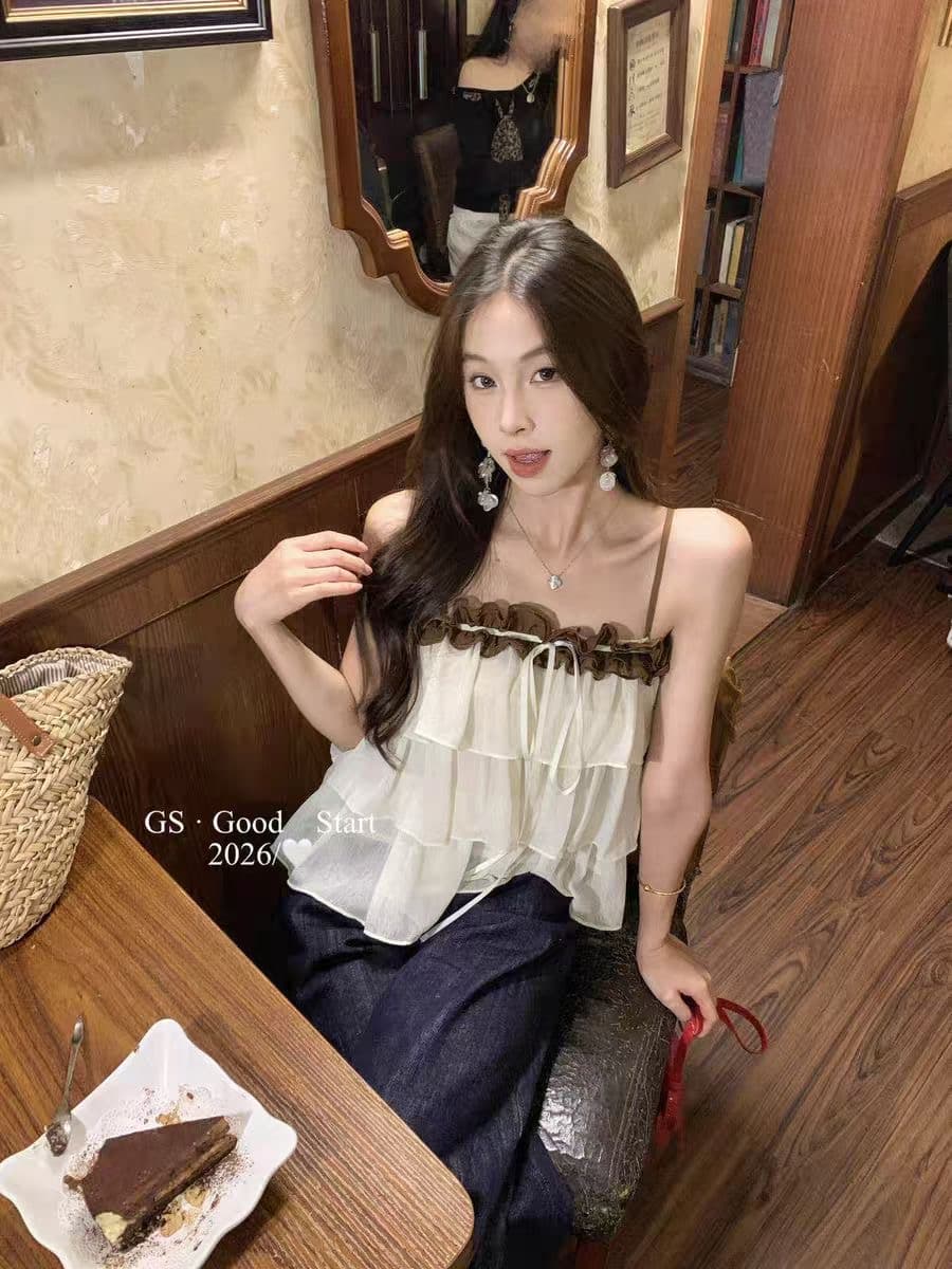 한 부서 달콤함 분위기 센스 배색 다중 레이어 프릴 슬립 인형 셔츠 조끼 맨위 상세 이미지 4