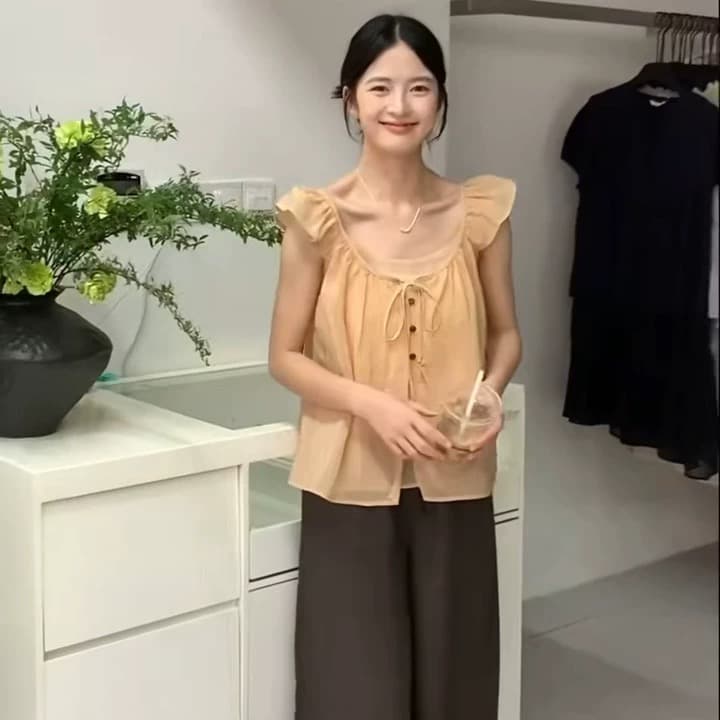 고급 센스 품격 2026 여름 새로운 세트 여성 한 부서 Feifei 소매 레이스업 맨위 캐미솔 투피스 세트 상세 이미지 6
