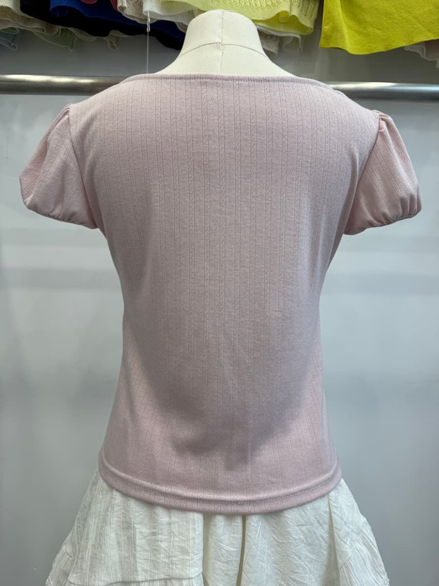 한 부서 핑크색 광장 칼라 반팔 여성 여름 착용 가져 가라. 레이스 레이스업 패치워크 긍정적 인 어깨 티셔츠 슬림해 보이는 달콤함 맨위 상세 이미지 5