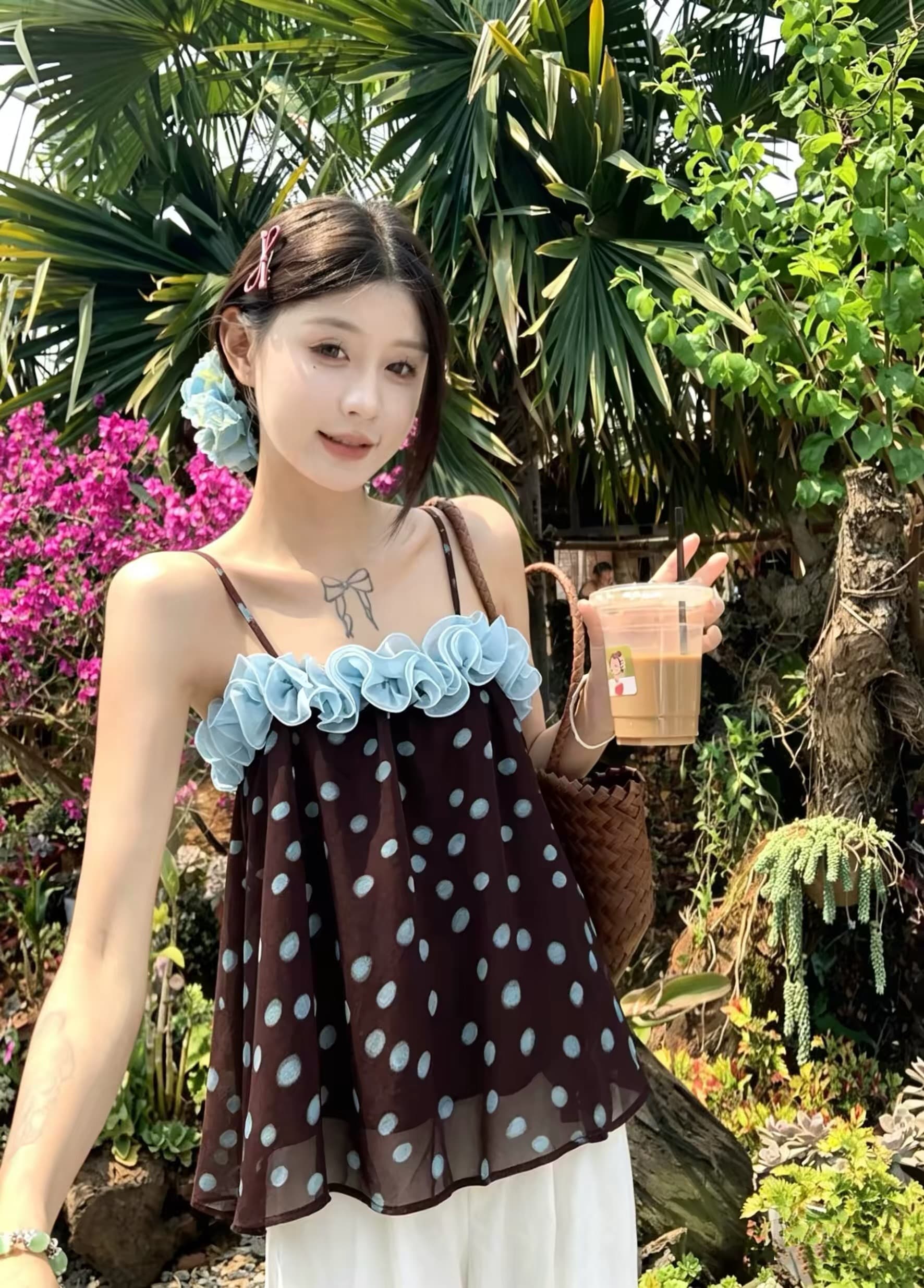 달콤한 매운맛 바람 진한 보라색 망사 레이스 캐미솔 여성 의류 여름 작은 대중 연령 감소 다용도 맨위