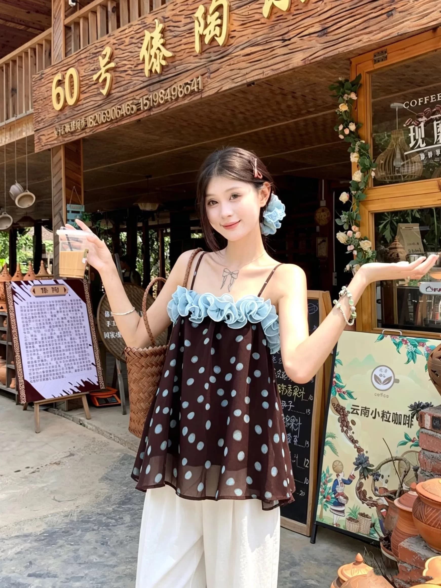 달콤한 매운맛 바람 진한 보라색 망사 레이스 캐미솔 여성 의류 여름 작은 대중 연령 감소 다용도 맨위 이미지 3