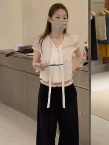oker 한국 2026 여름 여성 프랑스식 리본 주간 실크 자카드 거품 소매 쇼트 스타일 셔츠 상세 이미지 6