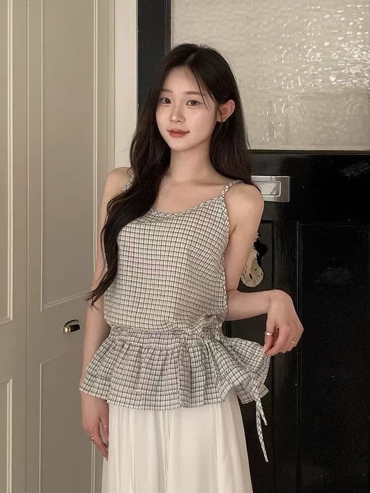 한 부서 디자인 센스 펌프 로프 레이스업 프릴 체크무늬 슬립 여성 여름 새로운 레트로 품격 다용도 조끼