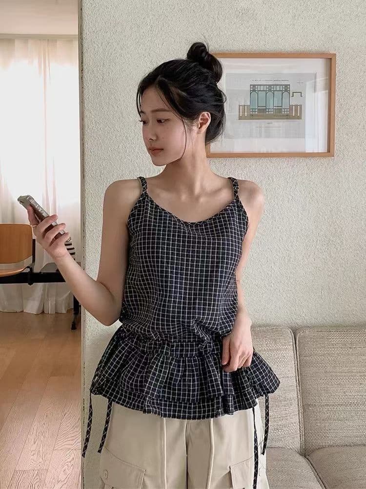 한 부서 디자인 센스 펌프 로프 레이스업 프릴 체크무늬 슬립 여성 여름 새로운 레트로 품격 다용도 조끼 이미지 3