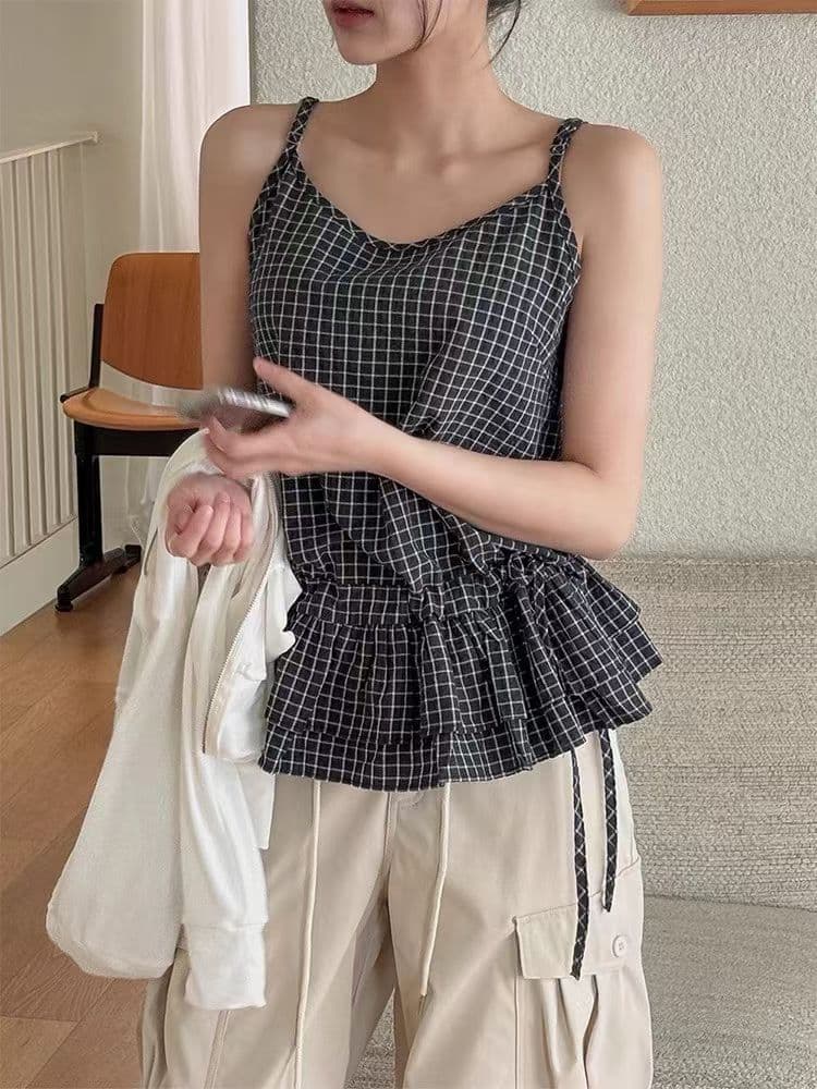 한 부서 디자인 센스 펌프 로프 레이스업 프릴 체크무늬 슬립 여성 여름 새로운 레트로 품격 다용도 조끼 상세 이미지 3