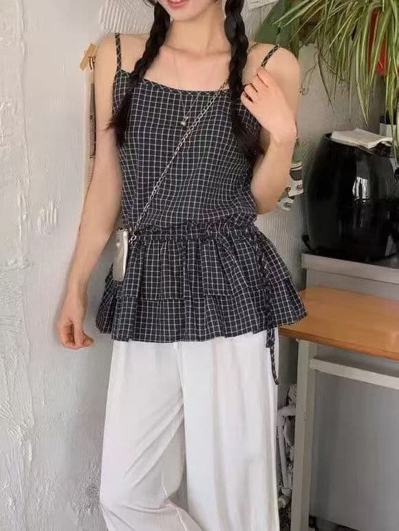 한 부서 디자인 센스 펌프 로프 레이스업 프릴 체크무늬 슬립 여성 여름 새로운 레트로 품격 다용도 조끼 상세 이미지 4