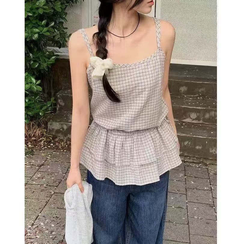 한 부서 디자인 센스 펌프 로프 레이스업 프릴 체크무늬 슬립 여성 여름 새로운 레트로 품격 다용도 조끼 상세 이미지 5