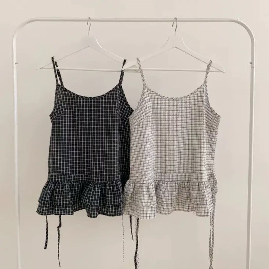 한 부서 디자인 센스 펌프 로프 레이스업 프릴 체크무늬 슬립 여성 여름 새로운 레트로 품격 다용도 조끼 상세 이미지 6