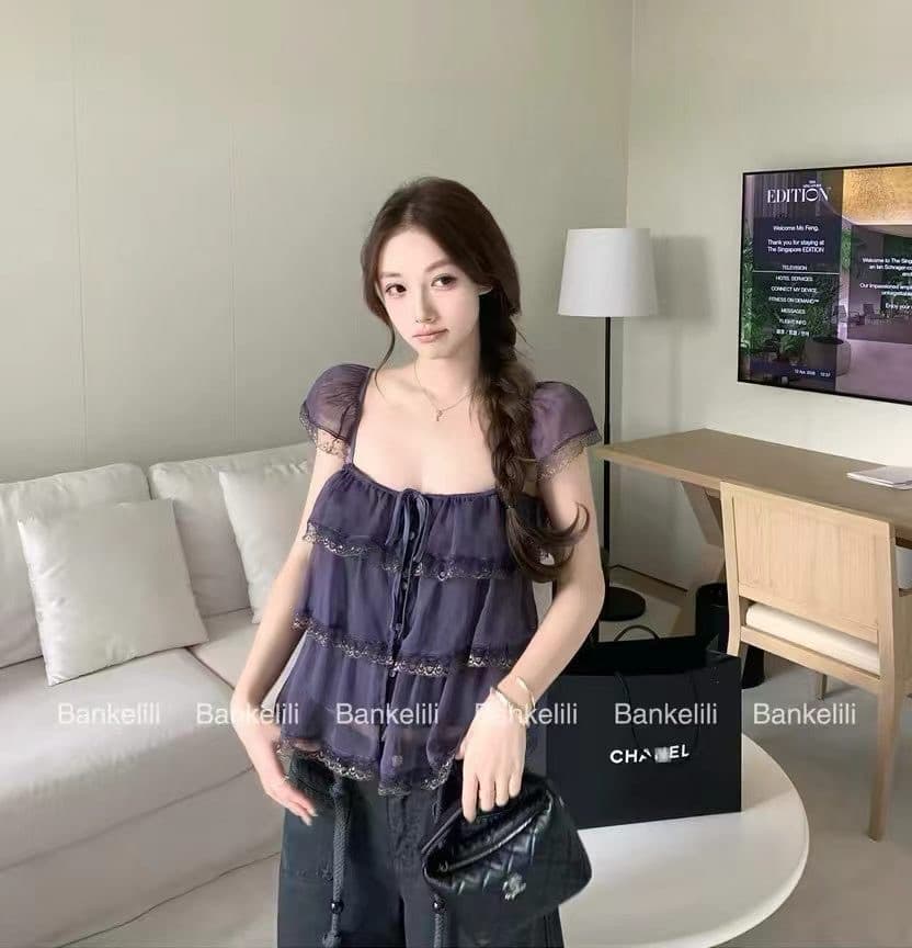 밤나무 코코아 bankelili 팬 바다 리건 프릴 레이스 계층의 감각 작은 날다 소매 광장 칼라 슬립 여성 이미지 4