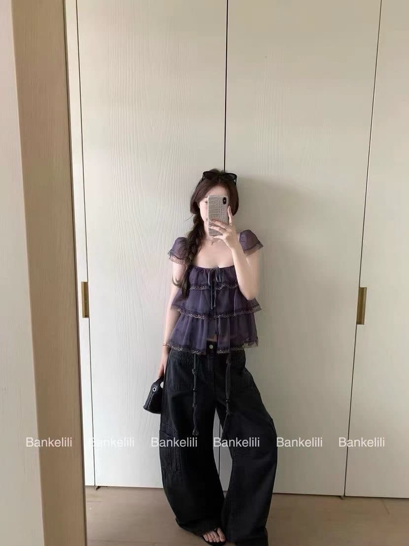 밤나무 코코아 bankelili 팬 바다 리건 프릴 레이스 계층의 감각 작은 날다 소매 광장 칼라 슬립 여성 이미지 3
