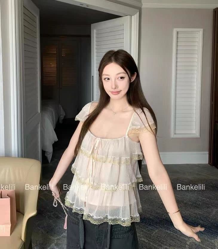 밤나무 코코아 bankelili 팬 바다 리건 프릴 레이스 계층의 감각 작은 날다 소매 광장 칼라 슬립 여성 이미지 2