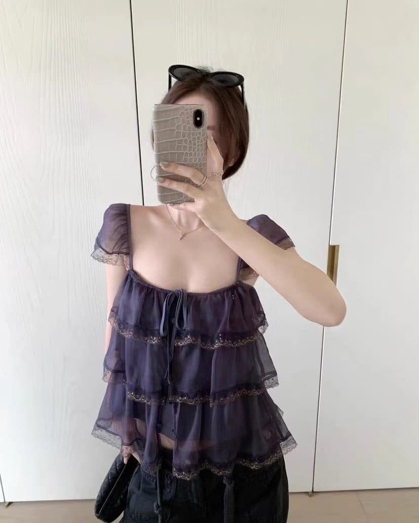 밤나무 코코아 bankelili 팬 바다 리건 프릴 레이스 계층의 감각 작은 날다 소매 광장 칼라 슬립 여성