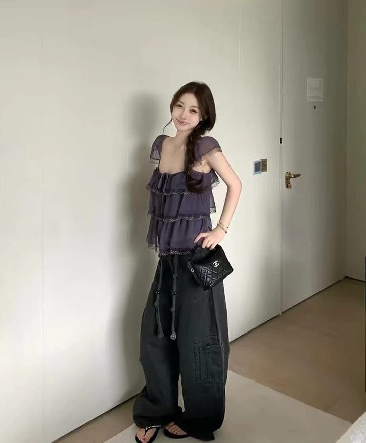 밤나무 코코아 bankelili 팬 바다 리건 프릴 레이스 계층의 감각 작은 날다 소매 광장 칼라 슬립 여성 상세 이미지 3