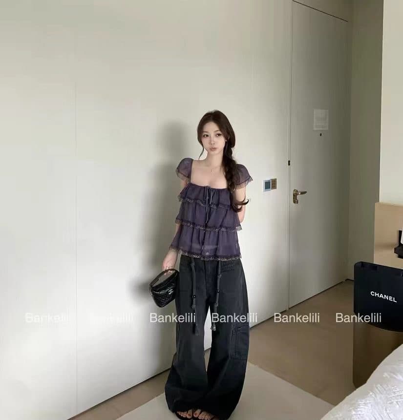 밤나무 코코아 bankelili 팬 바다 리건 프릴 레이스 계층의 감각 작은 날다 소매 광장 칼라 슬립 여성 상세 이미지 6