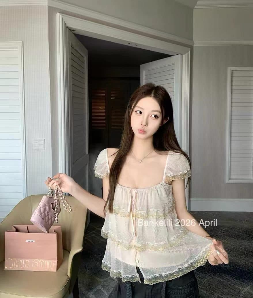 밤나무 코코아 bankelili 팬 바다 리건 프릴 레이스 계층의 감각 작은 날다 소매 광장 칼라 슬립 여성 상세 이미지 12