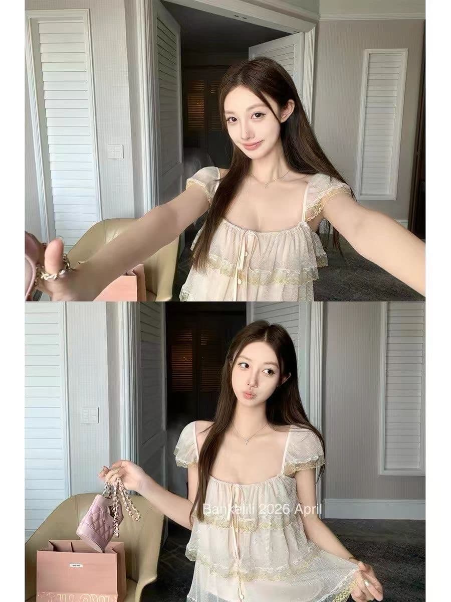 밤나무 코코아 bankelili 팬 바다 리건 프릴 레이스 계층의 감각 작은 날다 소매 광장 칼라 슬립 여성 상세 이미지 13