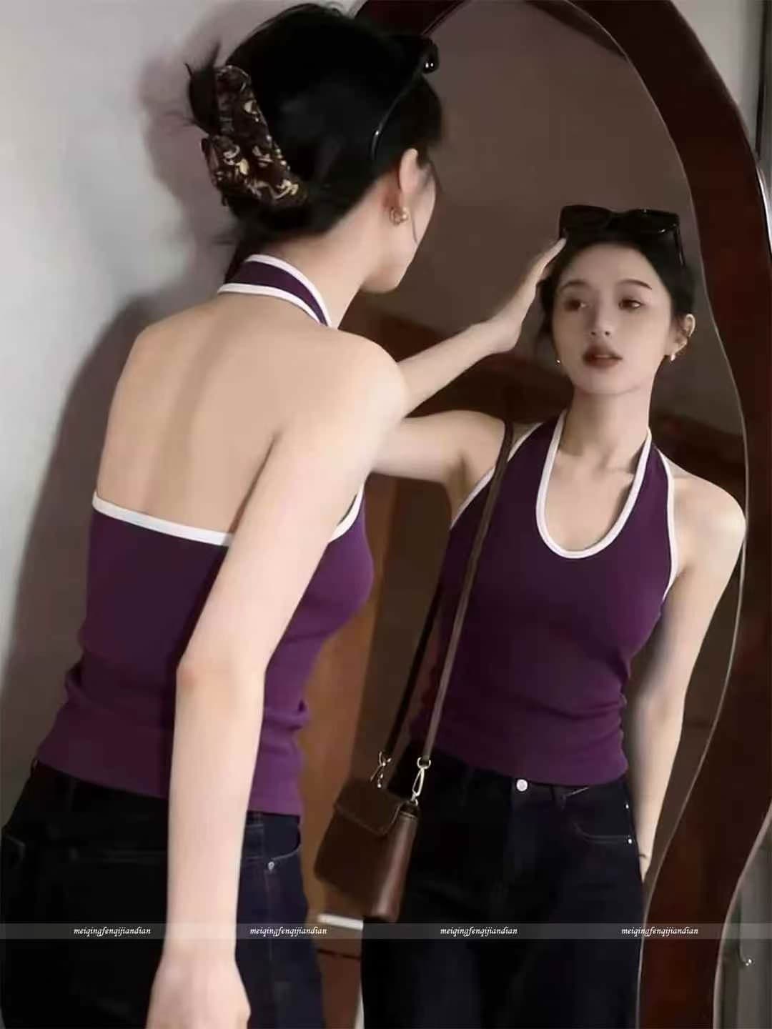 2026 여름 캐미솔 아메리칸 핫걸 바람 섹시함 배색 행침 목 쇼트 스타일 맨위 상세 이미지 11