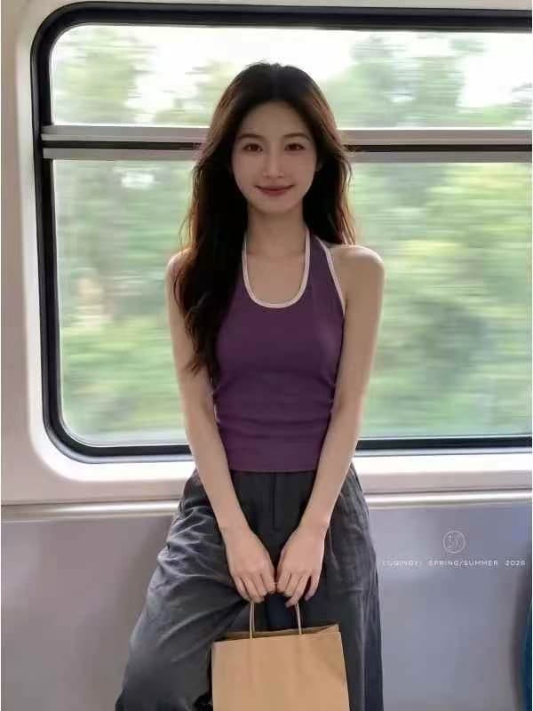 2026 여름 캐미솔 아메리칸 핫걸 바람 섹시함 배색 행침 목 쇼트 스타일 맨위 상세 이미지 14